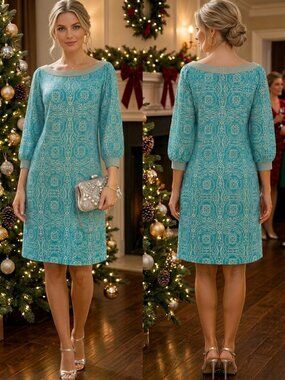 Vintage Blue Silver Jacquard Sweater Dress Relaxed Like New European Piece S/M